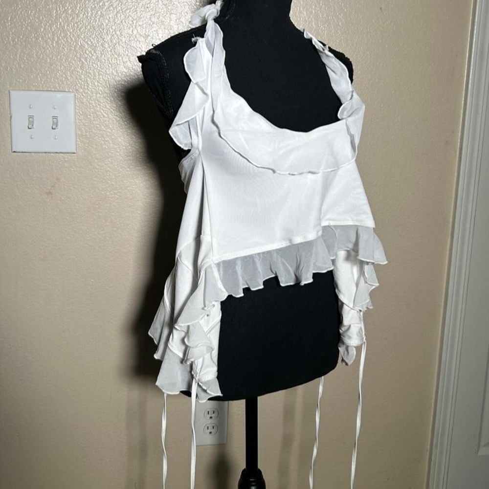 White Y2K Fairycore Ruffle Lace-Up Cami Tank Top Halter Corset Style S M